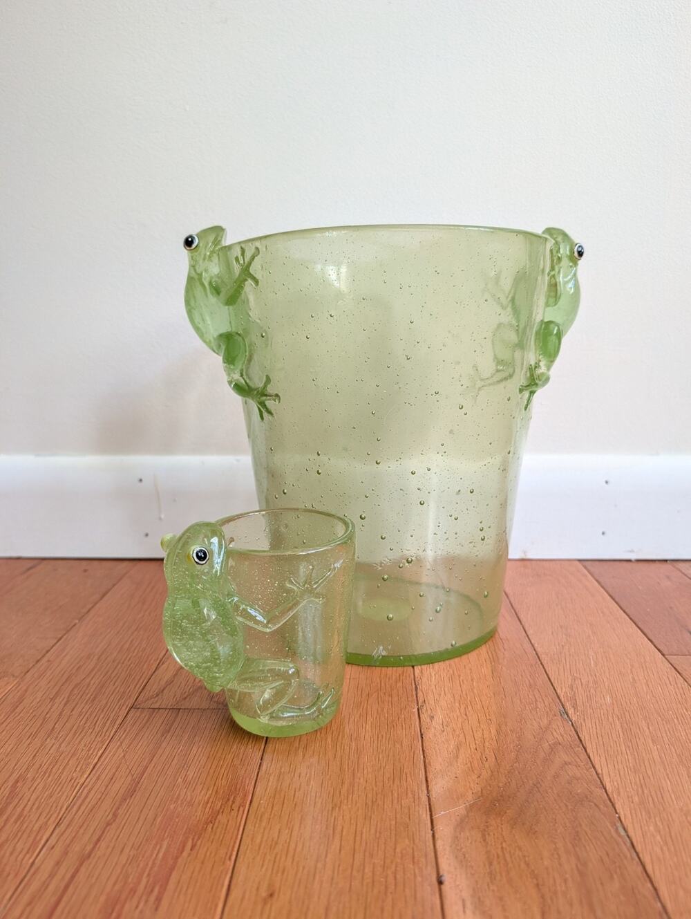 Vintage Y2K Poly-Resin Bubble Acrylic Green Frog Wastebasket Trash Bin 10” & Cup